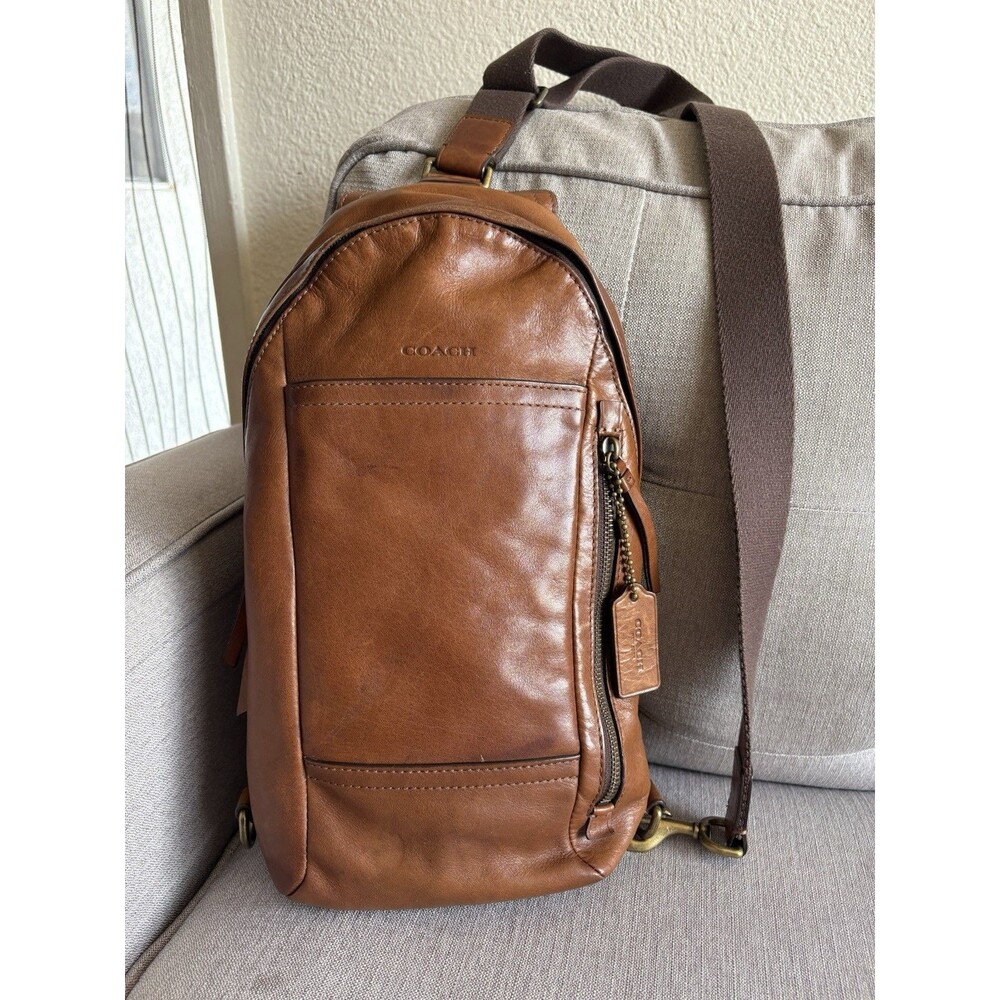 COACH F54770 Mens Charles Messenger Sling Pack Bag in Dark Saddle Smooth Leather